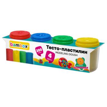 Тесто пластилин для лепки СУПЕР ПЛАСТИЧНОЕ, 4 цвета, 200г, крышки-штампики, BAMBOX (БАМБОКС), 107247 - Премиум Сервис