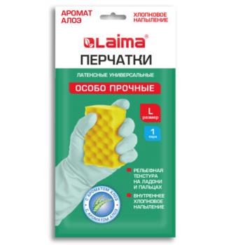 Перчатки МНОГОРАЗОВЫЕ латексные с АРОМАТОМ АЛОЭ, хлопковое напыление, ОСОБО ПРОЧНЫЕ, размер 8-9, L (большой), зеленые, LAIMA, 700546 - Премиум Сервис