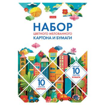Набор картона и бумаги A4, мелованные 20 л. (10 цветов + 10 цветов) в папке, HATBER, 200х290 мм, "Мозаика", 088569, 20НКБ4_32441 - Премиум Сервис