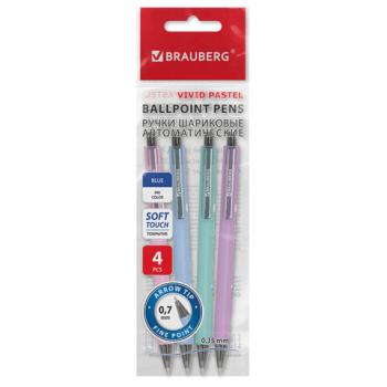 Ручки шариковые автоматические BRAUBERG "VIVID PASTEL", СИНИЕ, НАБОР 4 ШТУКИ, soft-touch, пишущий узел 0,7 мм, линия письма 0,35 мм, 144408 - Премиум Сервис