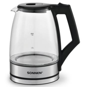 Чайник электрический SONNEN KT-1807, 1,8 л, 2200 Вт, термостойкое стекло, внутренняя подсветка синяя, нержавеющая сталь, 455140 - Премиум Сервис