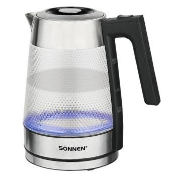 Чайник электрический SONNEN KT-1809, 1,8л, 2200 Вт, термостойкое стекло текстура ромб, внутренняя подсветка синяя, нержавеющая сталь, 455142 - Премиум Сервис