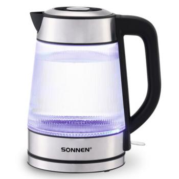 Чайник электрический SONNEN KT-6801, 1,8 л, 2200 Вт, термостойкое стекло текстура полоска, внутренняя подсветка синяя, нерж. сталь, 455143 - Премиум Сервис