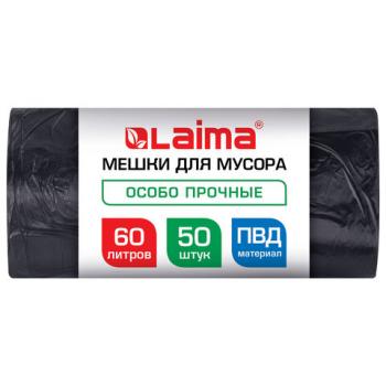 Мешки для мусора 60л черные в рулоне 50 штук особо прочные, ПВД 30 мкм, 60x90см, LAIMA, 702656 - Премиум Сервис