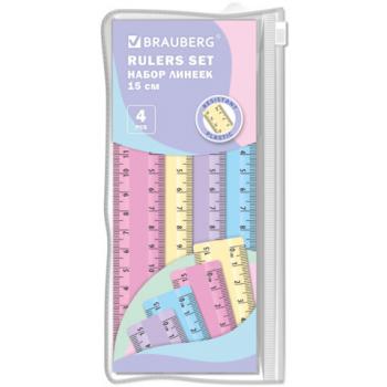 Линейки пластиковые 15 см пастельные BRAUBERG, НАБОР 4 штуки, непрозрачные, пенал, 210880 - Премиум Сервис