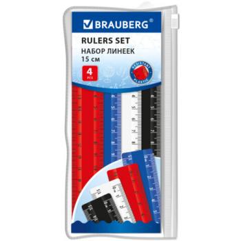 Линейки пластиковые 15 см классические BRAUBERG, НАБОР 4 штуки, непрозрачные, пенал, 210883 - Премиум Сервис