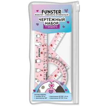 Набор чертежный FUNSTER (ФАНСТЕР), линейка 20 см, 2 треугольник, транспортир, "КОТЫ", пенал, 210912 - Премиум Сервис