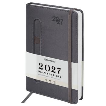 Ежедневник датированный 2027, А5, 138x213 мм, BRAUBERG "Optimal", под кожу, резинка, держатель для ручки, серый, 117933 - Премиум Сервис