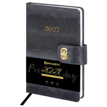 Ежедневник датированный 2027 А5 138х213мм BRAUBERG Elegant, под кожу, застежка, черный, 118016 - Премиум Сервис
