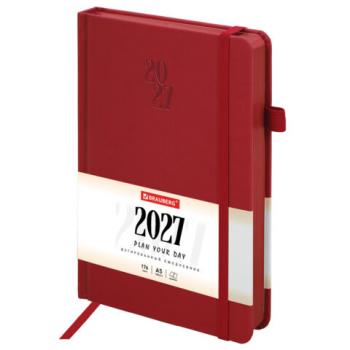 Ежедневник датированный 2027, А5, 138х213 мм, BRAUBERG "Plain", под кожу, резинка, держатель для ручки, красный, 118036 - Премиум Сервис