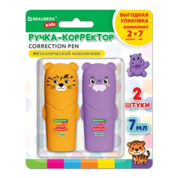 Ручка-корректор 7 мл, ВЫГОДНАЯ УПАКОВКА, КОМПЛЕКТ 2 штуки, BRAUBERG KIDS "ЗВЕРЯТА", металлический наконечник, 274230 - Премиум Сервис