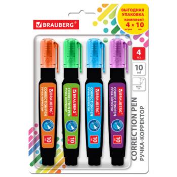 Ручка-корректор 10 мл, ВЫГОДНАЯ УПАКОВКА, КОМПЛЕКТ 4 штуки, BRAUBERG ULTRA COLOR, металлический наконечник, 274234 - Премиум Сервис