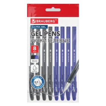 Ручки гелевые BRAUBERG "ULTRA GEL", НАБОР 8 ШТУК (4 СИНИХ, 4 ЧЕРНЫХ), стандартный наконечник 0,5 мм, линия 0,35 мм, 144280 - Премиум Сервис