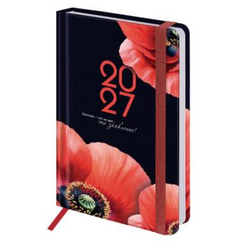 Ежедневник датированный 2027 с резинкой, 145х203 мм, А5, BRAUBERG, твердый, УФ-ЛАК, "Маки", 117834 - Премиум Сервис