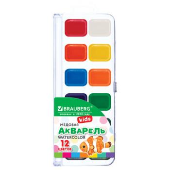 Краски акварельные BRAUBERG "KIDS NEW", медовые, 12 цветов, квадратные кюветы, пластиковый пенал,192796 - Премиум Сервис