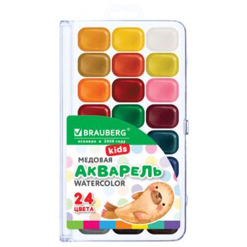 Краски акварельные BRAUBERG "KIDS NEW", медовые, 24 цвета, квадратные кюветы, пластиковый пенал, 192797 - Премиум Сервис