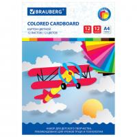 Картон цветной А4 немелованный, 12 листов 12 цветов, в папке, BRAUBERG, 200х290 мм, "Самолет", 113556 - Премиум Сервис