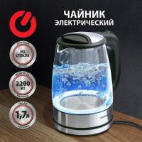 Чайник SONNEN KT-1788, 1,7 л, 2200 Вт, закрытый нагревательный элемент, стекло, черный, подсветка, 454349 - Премиум Сервис