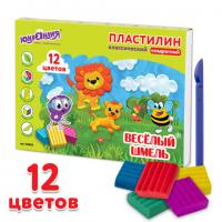 Пластилин классический ЮНЛАНДИЯ "ВЕСЁЛЫЙ ШМЕЛЬ", 12 цветов, 204 г, СО СТЕКОМ, КВАДРАТНЫЙ, 104823 - Премиум Сервис