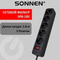 Сетевой фильтр SONNEN SPB-185, 5 розеток с заземлением, выключатель, 10 А, 1,8 м, черны - Премиум Сервис