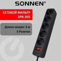 Сетевой фильтр SONNEN SPB-305, 5 розеток с заземлением, выключатель, 10 А, 3 м, черный, - Премиум Сервис