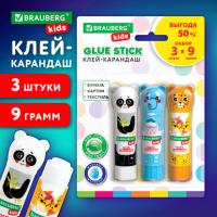 Клей-карандаш "Зверята: панда, слон, леопард" 9 г, фигурный колпачок, 3 шт/блистер, BRAUBERG KIDS, 272473 - Премиум Сервис