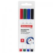 Маркеры стираемые для белой доски НАБОР 4 ЦВЕТА, BRAUBERG "LINE", 3 мм, с клипом, 152119 - Премиум Сервис