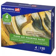 Краски акриловые для техники "Флюид Арт" (POURING PAINT), 4 цвета по 120 мл, Цвета металлик, BRAUBERG ART, 192239 - Премиум Сервис