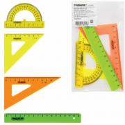 Набор чертежный малый ПИФАГОР (линейка 16 см, 2 треугольника, транспортир), непрозрачный, неоновый, пакет, 210624 - Премиум Сервис