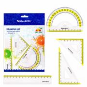 Набор чертежный малый BRAUBERG "FRESH ZONE" (линейка 15 см, 2 треугольника, транспортир), желтая шкала, 210762 - Премиум Сервис