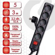 Сетевой фильтр SONNEN U-3513, 5 розеток, с заземлением, выключатель, 10 А, 3 м, черный, 513489 - Премиум Сервис