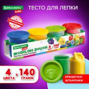 Пластилин-тесто для лепки BRAUBERG KIDS, 4 цвета, 560г, яркие классические цвета, крышки-штампики, 106715, TA1010V - Премиум Сервис