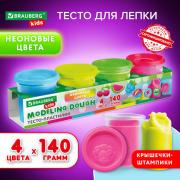 Пластилин-тесто для лепки BRAUBERG KIDS, 4 цвета, 560г, яркие неоновые цвета, крышки-штампики, 106716 - Премиум Сервис