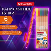 Ручки капиллярные (линеры) 6 ЦВЕТОВ, BRAUBERG FINE 040, металлический наконечник, шестигранные, линия письма 0,4 мм, 144141 - Премиум Сервис