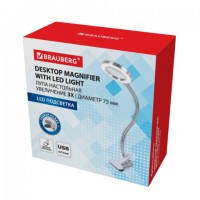 Лупа настольная на прищепке с LED ПОДСВЕТКОЙ, диаметр 75 мм, увеличение 3, BRAUBERG,, 455931 - Премиум Сервис