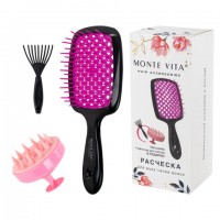 Расческа для волос массажная 20х8,5 см, массажер и щетка для чистки В ПОДАРОК, черная/розовая, MONTE VITA (МОНТЕ ВИТА), 457430 - Премиум Сервис
