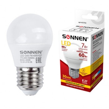 ����� ������������ SONNEN, 7 (60) ��, ������ E27, ���, ������ ����� ����, 30000 �, LED G45-7W-2700-E27, 453703 - ������� ������