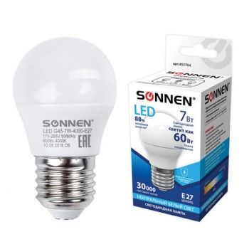 ����� ������������ SONNEN, 7 (60) ��, ������ E27, ���, �������� ����� ����, 30000 �, LED G45-7W-4000-E27, 453704 - ������� ������